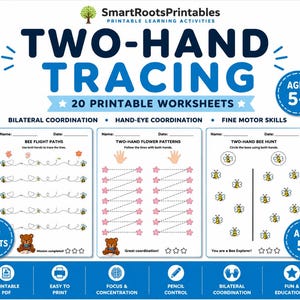 Two Hand Tracing Worksheets Printable, Bilateral Coordination Activity, Fine Motor Skills Practice, Brain Exercise Printable Pages, Kids OT