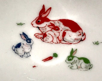 Vintage Child's  Bunny Bowl "Bambino" Rabbits & Carrots Decoration - Designed by Emilio Bergamin Manufactured in Japan by Taitu China (1984)