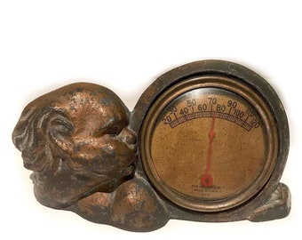 Vintage Thermometer Room Desk Top-McClelland Barclay Boy Blowing Wind Art Nouveau Decor Figural Sculpture-Collectable Scientific  Instrument