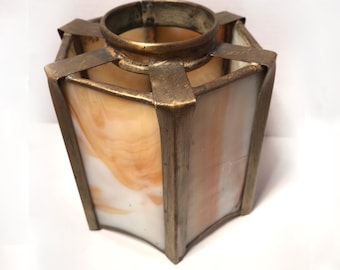 Antique Arts & Crafts Pendant Shade - Petite Brass Fixture 6 Slag Glass Panels Hand Fabricated Residential Closet Hall Foyer Pantry Lighting