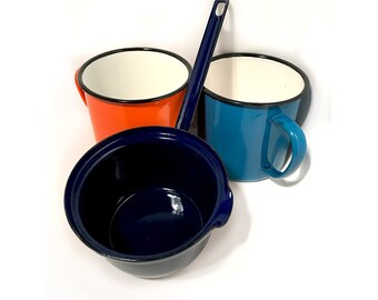 Vintage Mugs Enamel (2) Made in China (Bumper Harvest) & Small Spouted Sauce Pan (1) Unbranded - Enamel ware Kitchen Decor Industrial Art