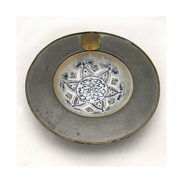 Vintage Pewter Porcelain Ashtray - Pewter Bowl Coin Till Key Tray-Japanese Porcelain Ware -Pewter Brass Porcelain -Hand Decorated Hong Kong