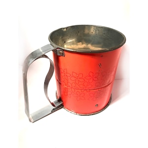 Vintage Androck Flour Shifter 3-Screens Chromed Steel Handle Mfg'd USA - Groovy 1960's Flower Power Tangerine Lithography -Kitchenware Decor