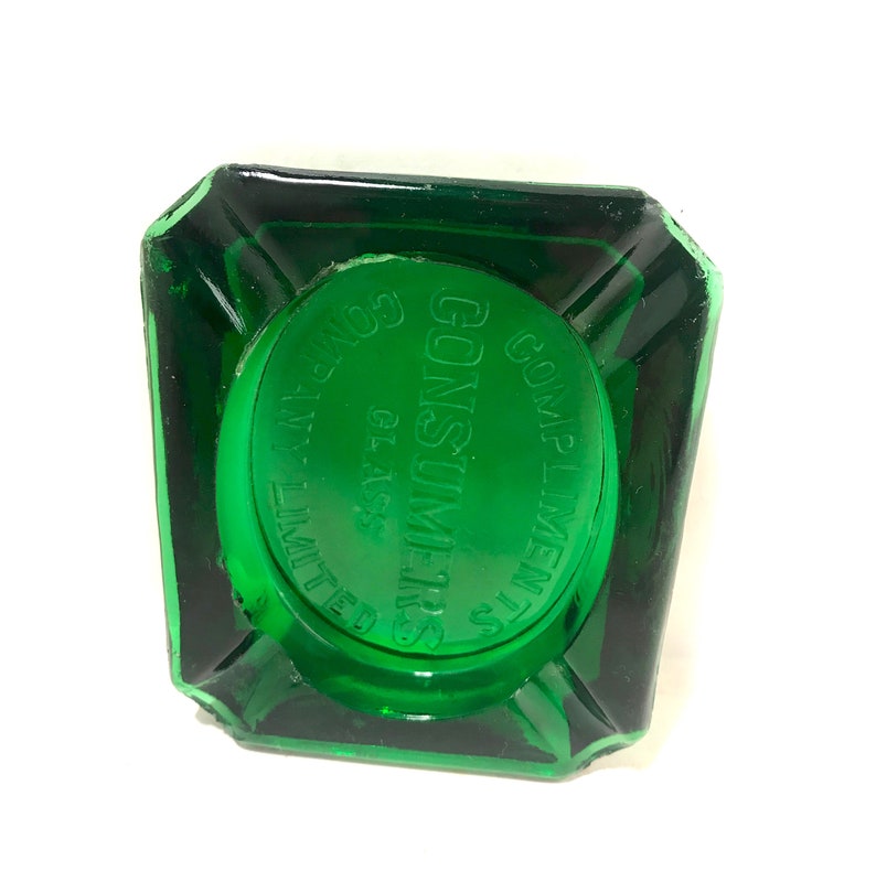 Vintage Advertising Cigarette Glass Ashtray Emerald Green Compliments Consumers Glass Company Ltd Tobacciana Collectable Barware Decor image 6