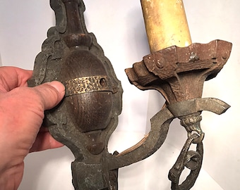 Vintage Tudor Gothic Wall Sconce Faux Candle Markel Fixture Wine Cave Cellar Decor - Cast Iron Aluminum Wood Brass Elements Hammered Surface