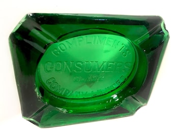 Vintage Advertising Cigarette Glass Ashtray Emerald Green - "Compliments Consumers Glass Company Ltd" - Tobacciana Collectable Barware Decor