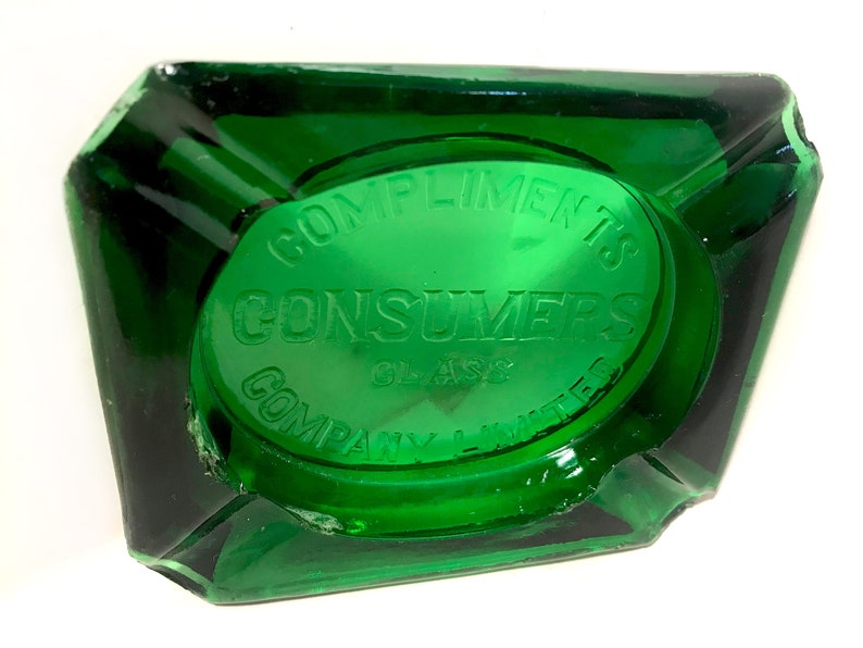 Vintage Advertising Cigarette Glass Ashtray Emerald Green Compliments Consumers Glass Company Ltd Tobacciana Collectable Barware Decor image 1