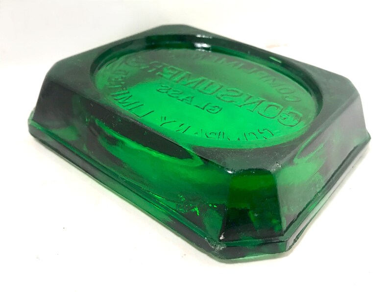 Vintage Advertising Cigarette Glass Ashtray Emerald Green Compliments Consumers Glass Company Ltd Tobacciana Collectable Barware Decor image 3