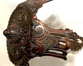 Vintage Slip Shade Pendant Chandelier Fixture Salvage Restoration - Ornate 5-Bulb Art Nouveau Deco Cast Iron Copper Gilded Mfg W J Campbell