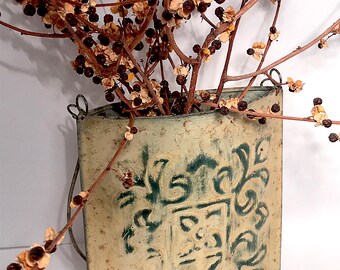 Vintage Floral (Dried) Potpourri Hanging Metal Basket Wall Pocket Display Decorative Purse Pail Looped Swing Handle - Potting Shed Art Decor