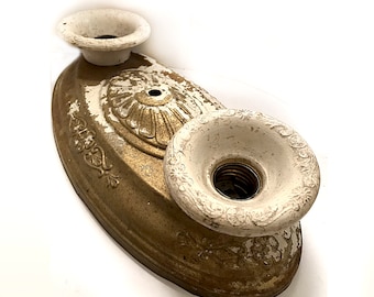 Vintage Ceiling Fixture Pressed Brass Flush Mount Dual Bare Bulb- Ceramic Sockets Ornate Ceramic Collars/Caps -Farmhouse Foyer Kitchen Decor