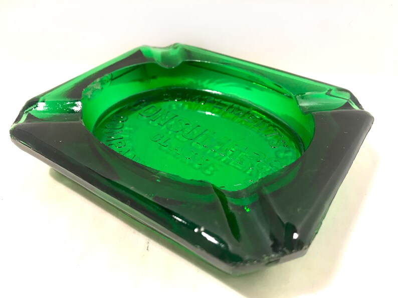 Vintage Advertising Cigarette Glass Ashtray Emerald Green Compliments Consumers Glass Company Ltd Tobacciana Collectable Barware Decor image 4