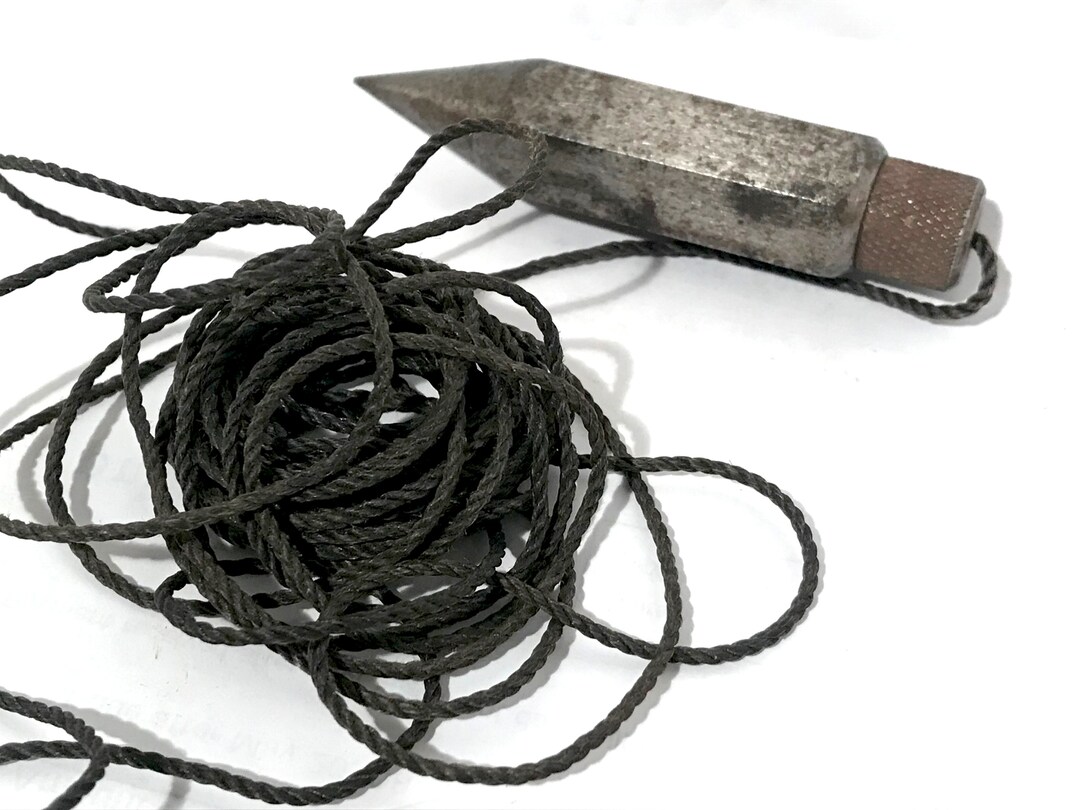 Vintage Hexagonal Plumb Bob With Cord Carbon Steel With Cross Hatched