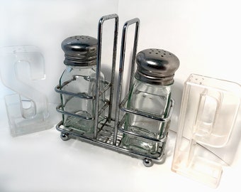 Vintage Shakers Plastic & Glass - "SP" Made in Hong Kong - Glass in Caddy Made in Taiwan -Period Home Decor Industrial Design Art Assemblage