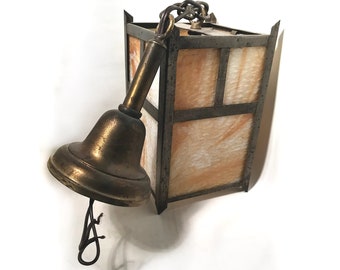 Vintage Arts & Crafts Mission Praire Style Indoor Ceiling Pendant Chandelier Light Fixture-Tin Metal Slag Glass-Original Canopy Brass Socket