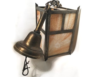 Vintage Arts & Crafts Cottage Pendant Chain Light Fixture Indoor Porch Foyer - Hand Crafted Tin Slag Glass Original Canopy Pipe Brass Socket