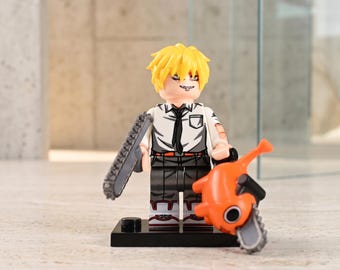 MOC - Minifigurka Denji z Piłą Mechaniczną i Maską Piły oraz Pochitą, klocki do budowania z anime, kolekcjonerska figurka z mangi, wyjątkowy prezent