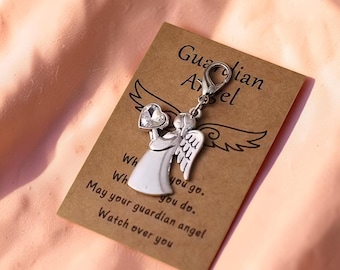 Guardian Angel Keychain, Angel Charm Gift Card with Organza Bag, Heart Crystal Comfort Gift for Her Friend Family
