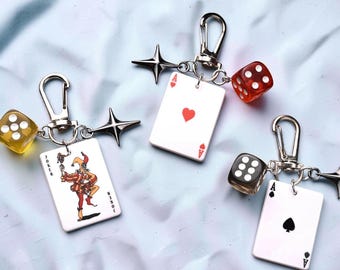Playing Card Dice Keychain, Poker Card Bag Charm, Game Night Key Ring, Cool Party Favor Gift for Friend