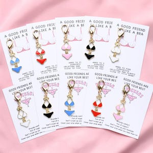 May include: Keychains featuring miniature bikini designs in various colors, including blue, red, black, and pink. Each keychain is attached to a card with text that reads "Good Friends Are Like Your Best Knickers."