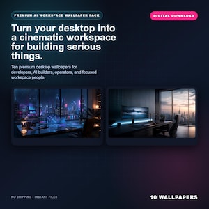 May include: A digital product advertisement for a premium AI workspace wallpaper pack. The image features two example desktop wallpapers, a cityscape and a modern office, with the text "Turn your desktop into a cinematic workspace for building serious things."
