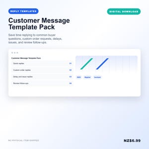 Può includere: Grafica per download digitale con il testo "Customer Message Template Pack". Il pacchetto include modelli per risposte rapide, risposte a ordini personalizzati, risposte a ritardi e problemi e follow-up di recensioni. Sfondo bianco con dettagli blu e verdi.