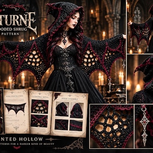 May include: A crochet pattern for a Nocturne batwing hooded shrug featuring black and red yarn. The document includes instructions, diagrams, and photos of the shrug with a pointed hood and scalloped edges, accented by hanging metal charms.
