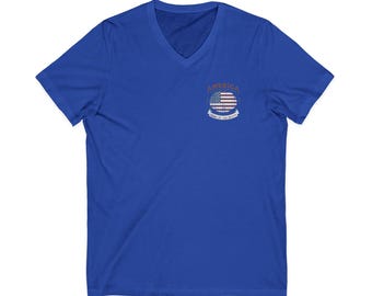 Because Of The Brave – American Flag V-Neck Tee | Patriotic Soft Cotton Shirt