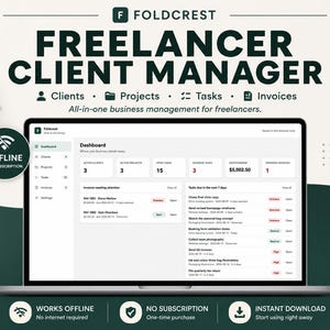 May include: A digital dashboard interface titled Foldcrest Freelancer Client Manager displayed on a laptop screen. The software features sections for clients, projects, tasks, and invoices, with a summary of active work and pending financial items.