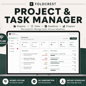May include: A digital project and task manager dashboard displayed on a laptop screen. The interface features sections for active projects, overdue tasks, deadlines, and progress bars. Text includes FOLDCREST, PROJECT & TASK MANAGER, and OFFLINE NO SUBSCRIPTION.