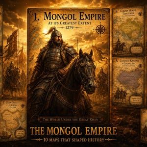 Może przedstawiać: Plakat historyczny zatytułowany The Mongol Empire: 10 Maps That Shaped History, przedstawiający centralną ilustrację wojownika na koniu. Wokół głównego obrazu znajduje się dziesięć szczegółowych map oznaczonych wydarzeniami historycznymi.
