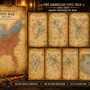 May include: A set of ten vintage-style prints depicting The American Civil War 1861-1865 Major Theaters of War. The collection includes a large map of the United States and nine smaller maps detailing specific battles and campaigns with historical troop movements.