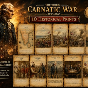以下が含まれることがあります： 「The Third Carnatic War 1756-1763」と題された10枚の歴史的プリントセット。イギリス軍将校の肖像画、インドの地図、そして戦い、条約、植民地時代の出来事を描いた8枚の詳細なイラストとテキストが含まれています。