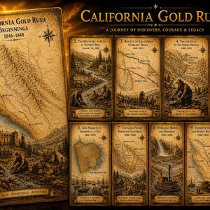 Puede incluir: Un conjunto de diez impresiones en tono sepia tituladas California Gold Rush, A Journey of Discovery, Courage & Legacy. Cada lámina presenta ilustraciones históricas detalladas, mapas y texto que documentan eventos desde 1846 hasta 1900.