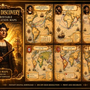 May include: A collection of 10 printable exploration maps titled Age of Discovery, featuring historical figures, world maps with trade routes, and maritime illustrations in a sepia-toned, vintage aesthetic with ornate gold-colored decorative borders.