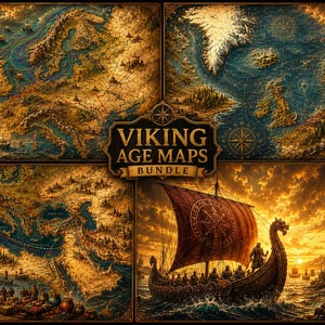 May include: A digital print bundle titled VIKING AGE MAPS BUNDLE featuring four distinct illustrations of historical maps and Viking longships. The artwork displays golden-toned cartography, detailed coastlines, and ships with striped sails.