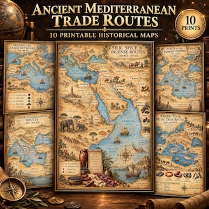 Op de afbeelding: Een collectie van 10 printbare historische kaarten getiteld Ancient Mediterranean Trade Routes. De kaarten hebben sepia-kleurige perkamentachtergronden met blauwe zeeën en gedetailleerde illustraties van handelsroutes, schepen en dieren.