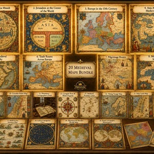 Könnte beinhalten: Eine Sammlung von 20 mittelalterlichen Karten mit historischer Kartografie, darunter eine Mappa Mundi, Jerusalem im Zentrum der Welt, Europa im 13. Jahrhundert, Asien, Afrika, Handelsrouten, Pilgerwege und Seekarten mit verzierten Rändern.