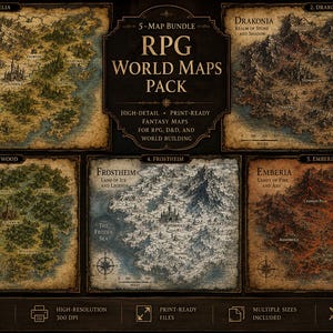 May include: A pack of five fantasy RPG world maps with detailed illustrations. The maps include Aurelia, Drakonia, Eldenwood, Frostheim, and Emberia, each with unique landscapes and names. The maps are print-ready and designed for RPG and D&D.