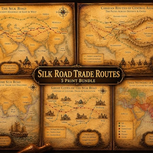 以下が含まれることがあります： 「Silk Road Trade Routes」と題された5枚組のプリントセット。ユーラシア大陸のアンティーク調の地図が描かれています。歴史的な交易路、海上ルート、主要都市が示され、羊皮紙色の紙にラクダや船の緻密なイラストが添えられています。