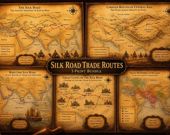 Silk Road Trade Routes Map Bundle, Ancient Central Asia Caravan Paths (Digital Download)