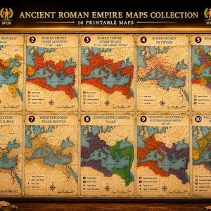 Può includere: Una collezione di 10 mappe stampabili intitolata Ancient Roman Empire Maps Collection, che presenta mappe storiche della Repubblica Romana, dell'Impero sotto Augusto, Traiano, rotte commerciali e la caduta dell'Impero Romano d'Occidente.