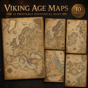 May include: A collection of ten printable historical maps titled Viking Age Maps. The maps feature aged, parchment-style paper with detailed illustrations of European geography, coastlines, compass roses, and small ships in a sepia tone.