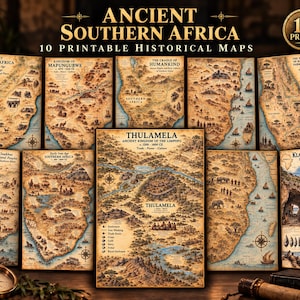 以下が含まれることがあります： 「Ancient Southern Africa」と題された10枚の印刷可能な歴史地図コレクション。風景、野生動物、集落のセピア調のイラストが特徴です。各地図には詳細なテキスト、方位磁石、地理的特徴が含まれています。