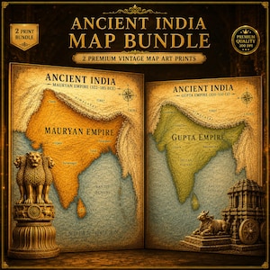 May include: A two-print bundle of vintage-style maps titled Ancient India, featuring the Mauryan Empire in gold and the Gupta Empire in green. The prints include historical labels, compass roses, and decorative statues of lions and a bull.