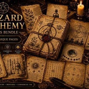 May include: A bundle of 20 unique vintage-style wizard alchemy pages. The pages are tied together with twine and sealed with wax. The image includes text that reads "Wizard Alchemy Pages Bundle" and "20 Unique Pages".