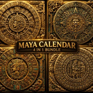 May include: A four-part collection of square wall plaques featuring intricate gold-toned relief carvings of circular Maya calendars. Each panel displays unique ancient motifs and figures. A central dark banner reads MAYA CALENDAR 4 IN 1 BUNDLE.