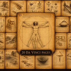 Pode incluir: Uma coleção de 20 páginas em estilo de pergaminho antigo com esboços de Leonardo da Vinci, incluindo o Homem Vitruviano, estudos anatômicos, máquinas voadoras e desenhos arquitetônicos, apresentados em grade com tons de sépia.