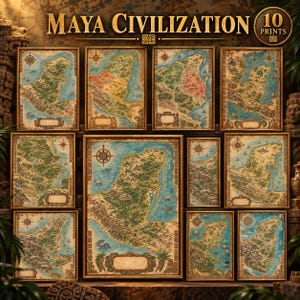 May include: A collection of 10 framed prints titled MAYA CIVILIZATION, featuring detailed, vintage-style cartographic maps of the Yucatan Peninsula and surrounding regions with compass roses, nautical elements, and decorative borders in earthy tones.