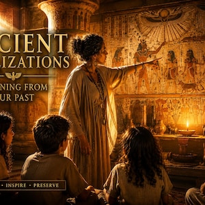 Puede incluir: Una escena de aula con el texto "ANCIENT CIVILIZATIONS" y "LEARNING FROM OUR PAST". Una mujer con una túnica larga señala una pared con jeroglíficos egipcios. Estudiantes sentados, observando la lección, con una vela encendida.